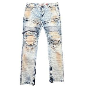 DSTRKT Denim Men 38x34 Blue Biker Fit Acid‎ Wash Distressed Zip Ankle Streetwear